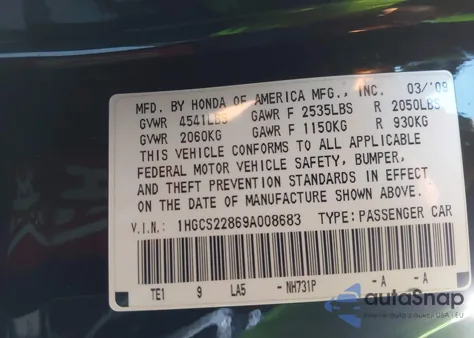 2009 Honda Accord 3.5 Ex-L from USA, damaged, VIN 1HGCS22869A008683